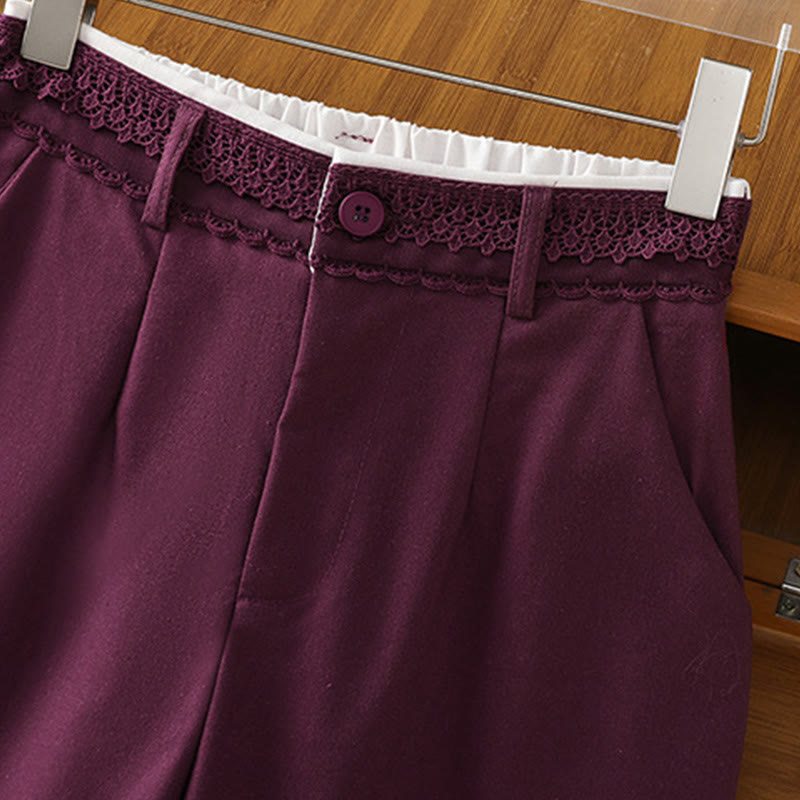 Casual Hollow Lace Waistband Design Women's Cotton Linen Wide Leg Pants With Pockets