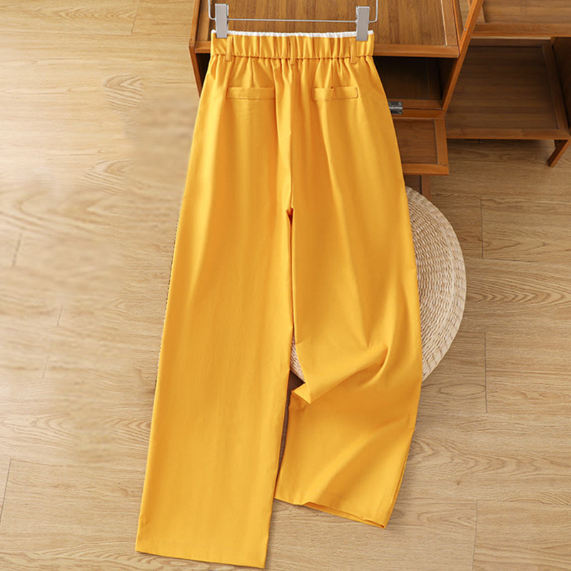 Casual Hollow Lace Waistband Design Women's Cotton Linen Wide Leg Pants With Pockets