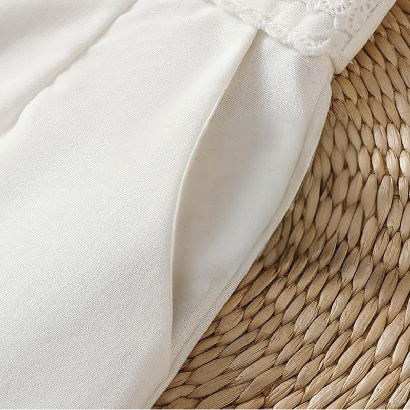 Casual Hollow Lace Waistband Design Women's Cotton Linen Wide Leg Pants With Pockets