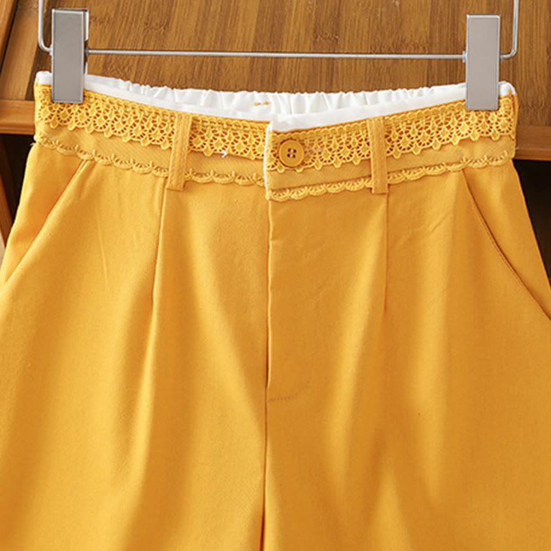 Casual Hollow Lace Waistband Design Women's Cotton Linen Wide Leg Pants With Pockets