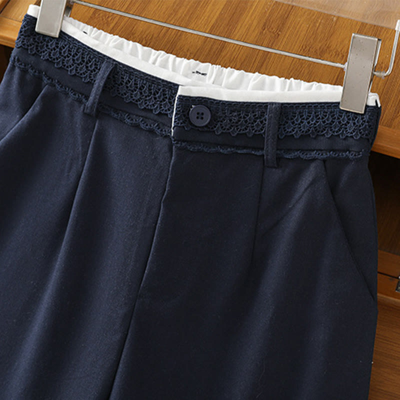 Casual Hollow Lace Waistband Design Women's Cotton Linen Wide Leg Pants With Pockets