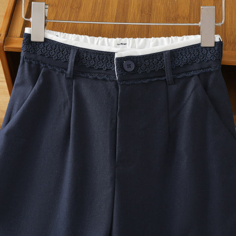 Casual Hollow Lace Waistband Design Women's Cotton Linen Wide Leg Pants With Pockets