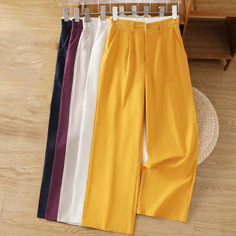 Casual Hollow Lace Waistband Design Women's Cotton Linen Wide Leg Pants With Pockets