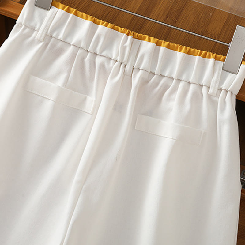 Casual Hollow Lace Waistband Design Women's Cotton Linen Wide Leg Pants With Pockets