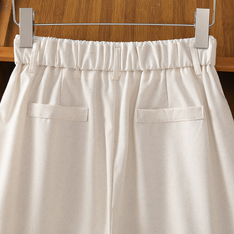 Casual Hollow Lace Waistband Design Women's Cotton Linen Wide Leg Pants With Pockets