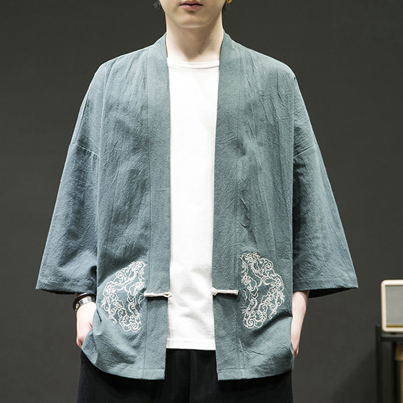 Tactile Cotton Linen Frog Button Meditation Kimono Jacket