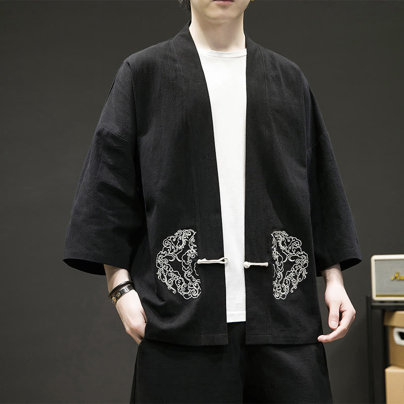 Tactile Cotton Linen Frog Button Meditation Kimono Jacket