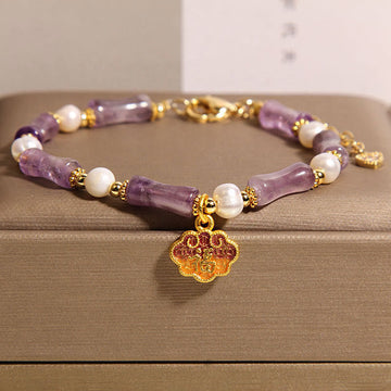 Bamboo Shape Amethyst and Pearl Longevity Lock Fu Character Balance Bracelet