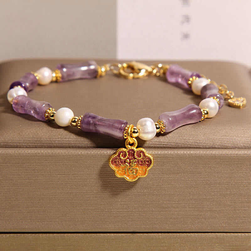 Bamboo Shape Amethyst and Pearl Longevity Lock Fu Character Balance Bracelet