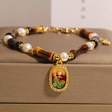Natural Bamboo Tiger Eye and Pearl Strength Bracelet for Men
