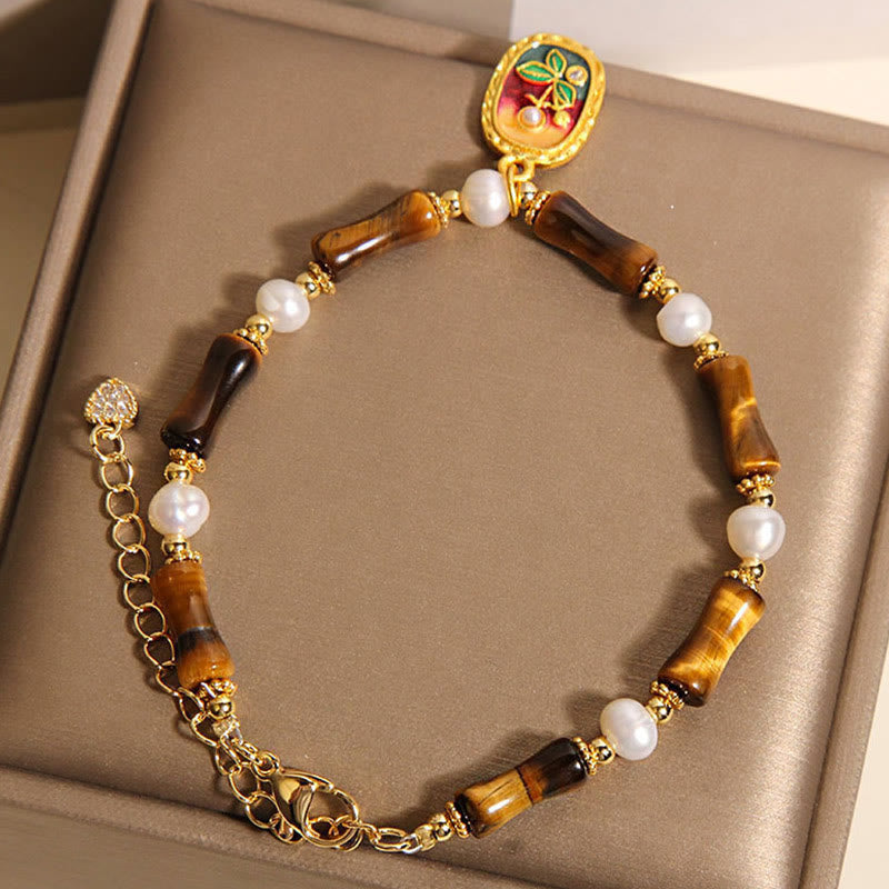 Natural Bamboo Tiger Eye and Pearl Strength Bracelet for Men