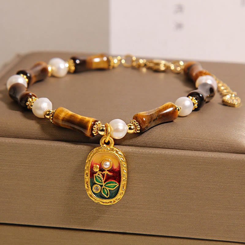 Natural Bamboo Tiger Eye and Pearl Strength Bracelet for Men