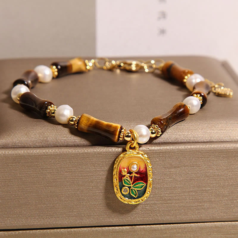 Natural Bamboo Tiger Eye and Pearl Strength Bracelet for Men