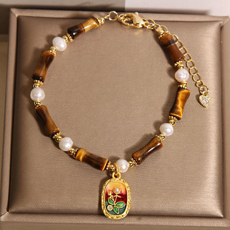 Natural Bamboo Tiger Eye and Pearl Strength Bracelet for Men