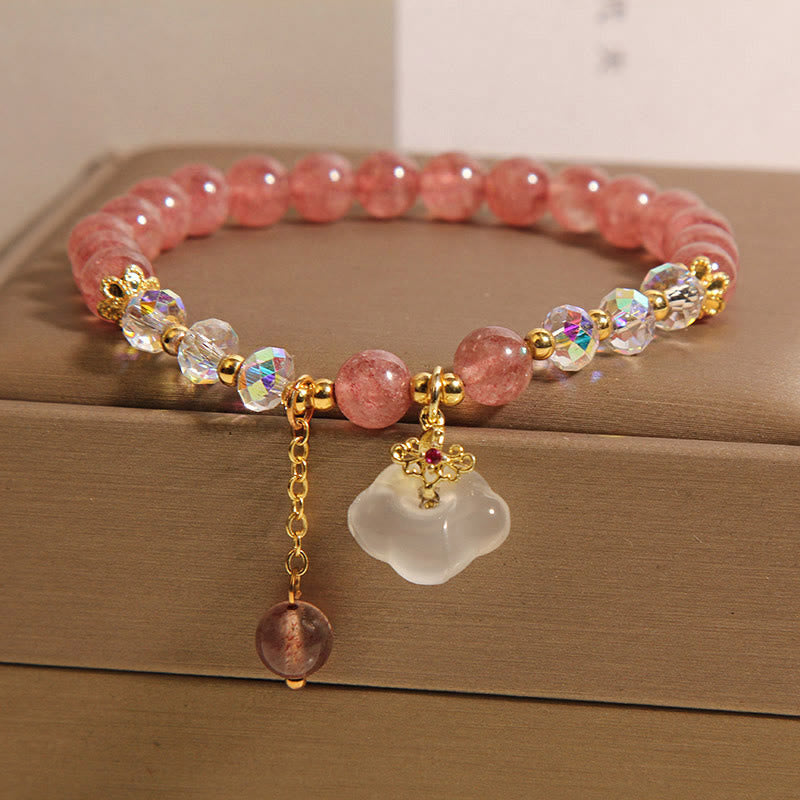 Auspicious Clouds Strawberry Quartz White Agate and Clear Quartz Beaded Bracelet