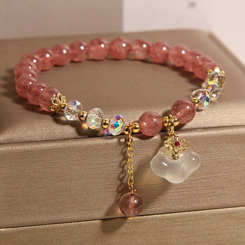 Auspicious Clouds Strawberry Quartz White Agate and Clear Quartz Beaded Bracelet