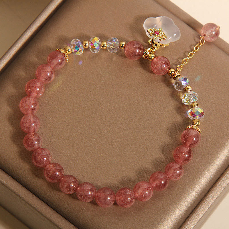 Auspicious Clouds Strawberry Quartz White Agate and Clear Quartz Beaded Bracelet