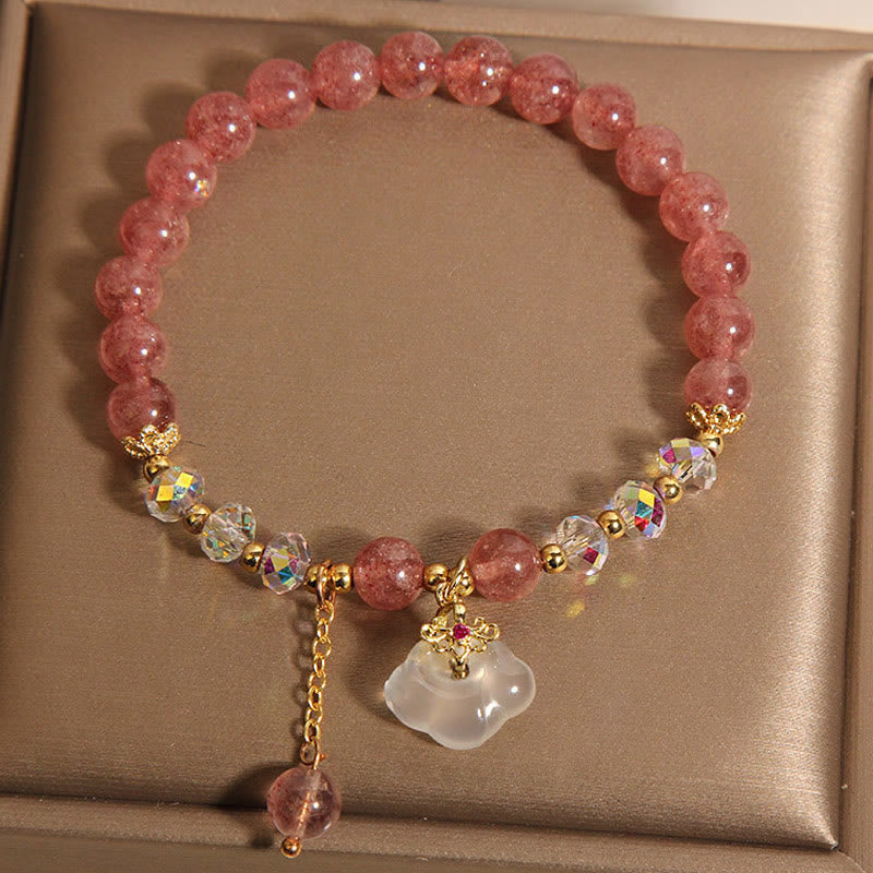 Auspicious Clouds Strawberry Quartz White Agate and Clear Quartz Beaded Bracelet