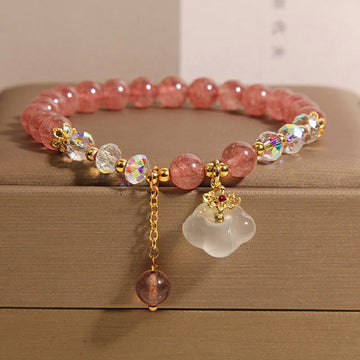 Auspicious Clouds Strawberry Quartz White Agate and Clear Quartz Beaded Bracelet