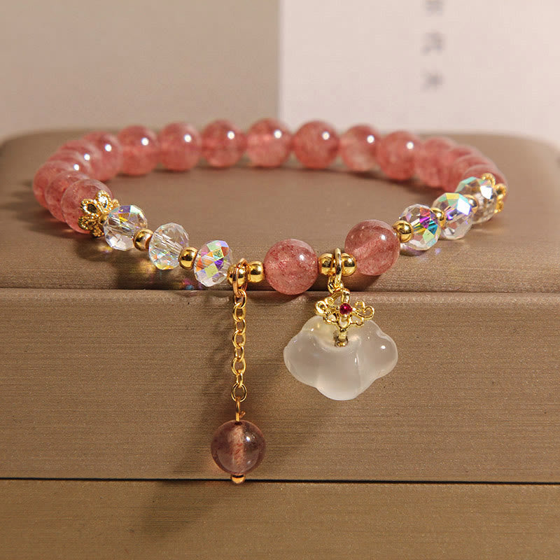 Auspicious Clouds Strawberry Quartz White Agate and Clear Quartz Beaded Bracelet