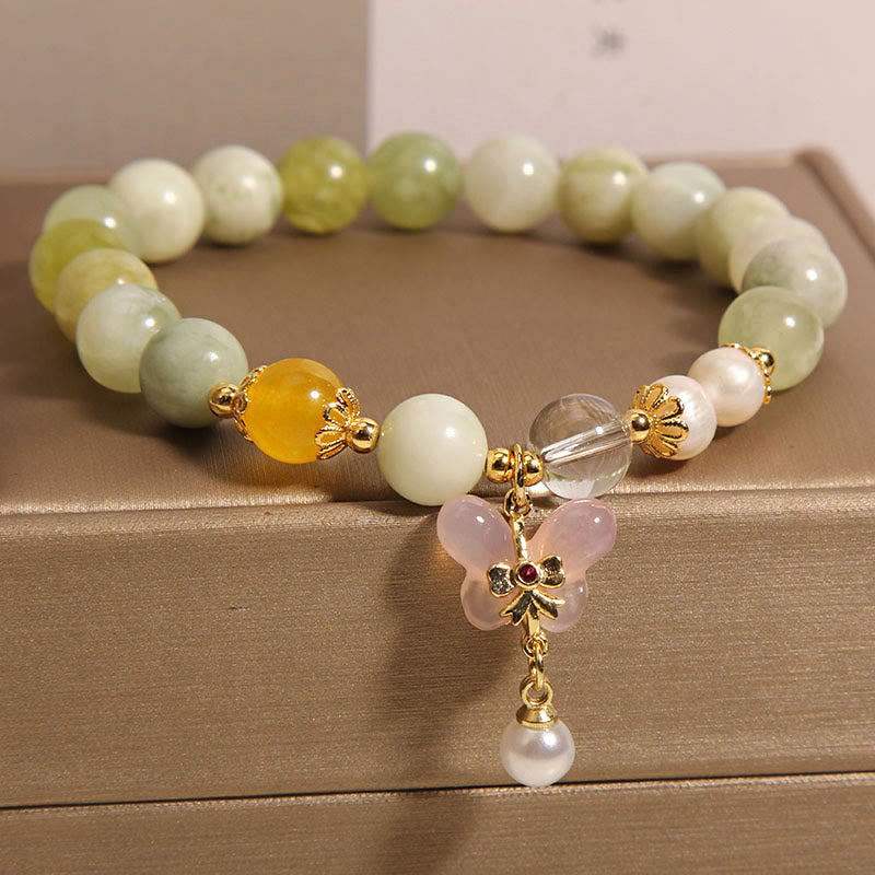 Natural Serpentine Jade and Yanyuan Agate Butterfly Pearl Beaded Bracelet