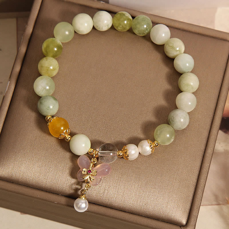 Natural Serpentine Jade and Yanyuan Agate Butterfly Pearl Beaded Bracelet