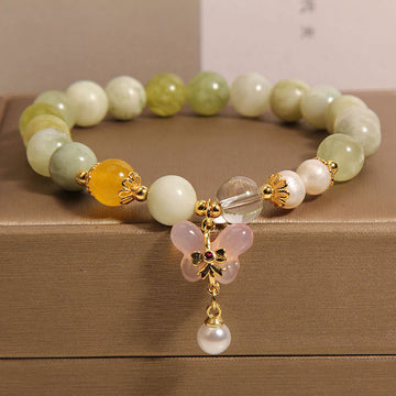 Natural Serpentine Jade and Yanyuan Agate Butterfly Pearl Beaded Bracelet
