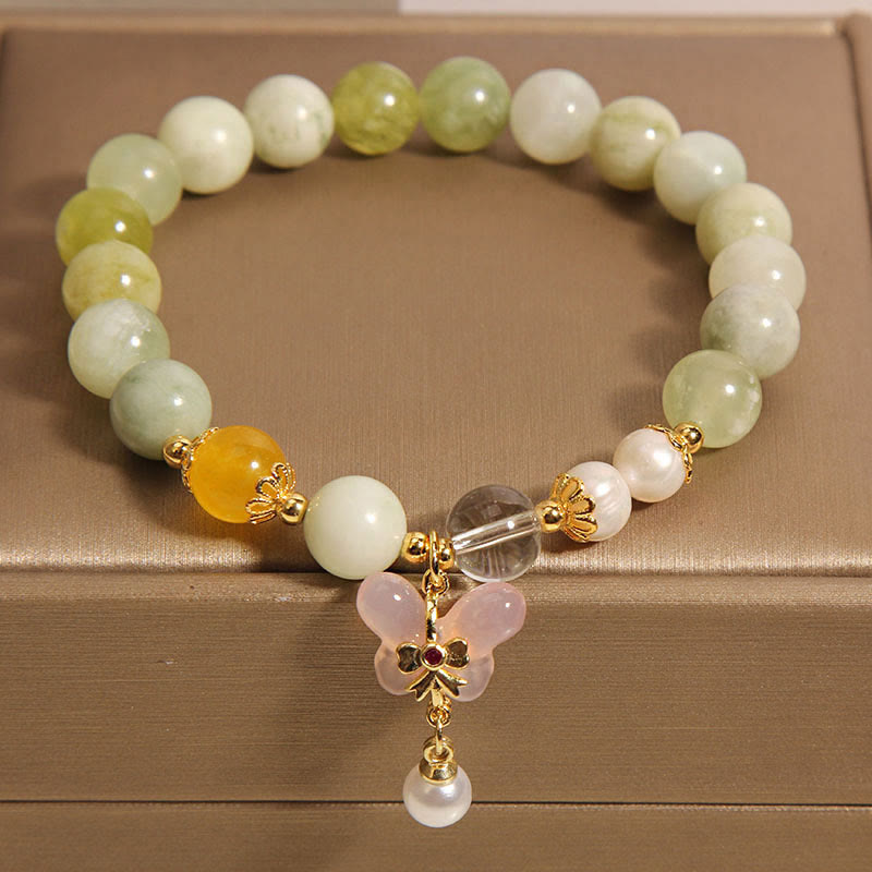 Natural Serpentine Jade and Yanyuan Agate Butterfly Pearl Beaded Bracelet