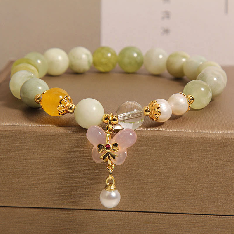 Natural Serpentine Jade and Yanyuan Agate Butterfly Pearl Beaded Bracelet