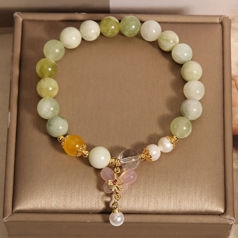Natural Serpentine Jade and Yanyuan Agate Butterfly Pearl Beaded Bracelet