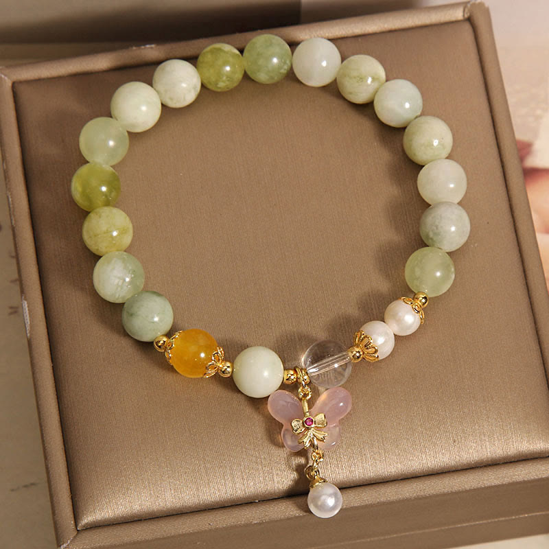 Natural Serpentine Jade and Yanyuan Agate Butterfly Pearl Beaded Bracelet