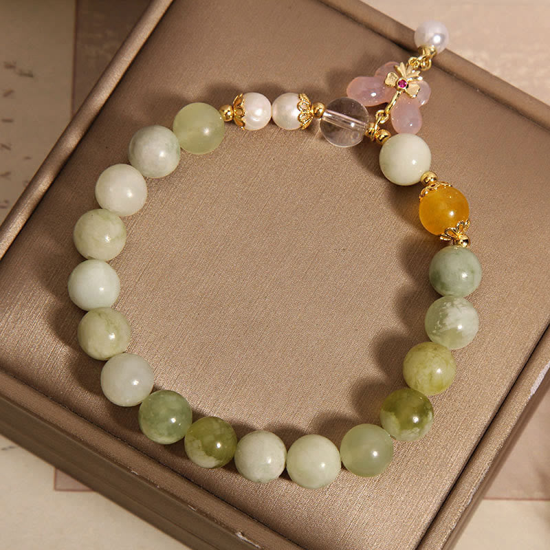 Natural Serpentine Jade and Yanyuan Agate Butterfly Pearl Beaded Bracelet