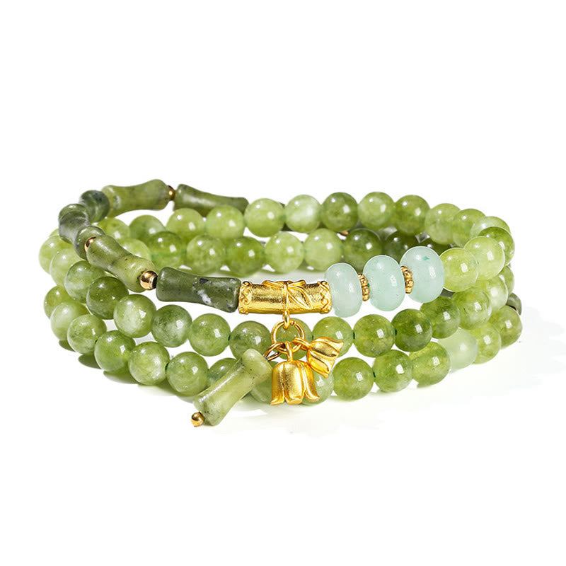 Retro Multilayer Lily of the Valley Bamboo Green Chalcedony Strength Bracelet