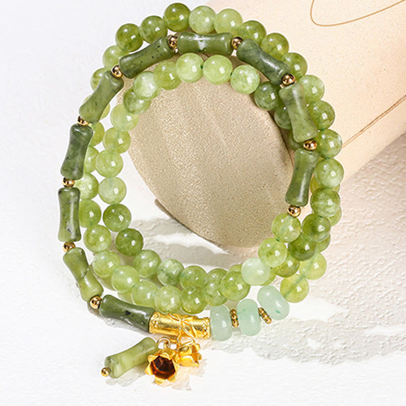 Retro Multilayer Lily of the Valley Bamboo Green Chalcedony Strength Bracelet