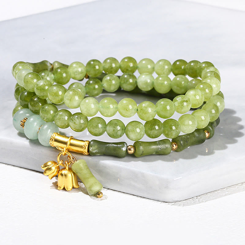 Retro Multilayer Lily of the Valley Bamboo Green Chalcedony Strength Bracelet