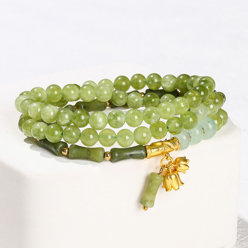 Retro Multilayer Lily of the Valley Bamboo Green Chalcedony Strength Bracelet