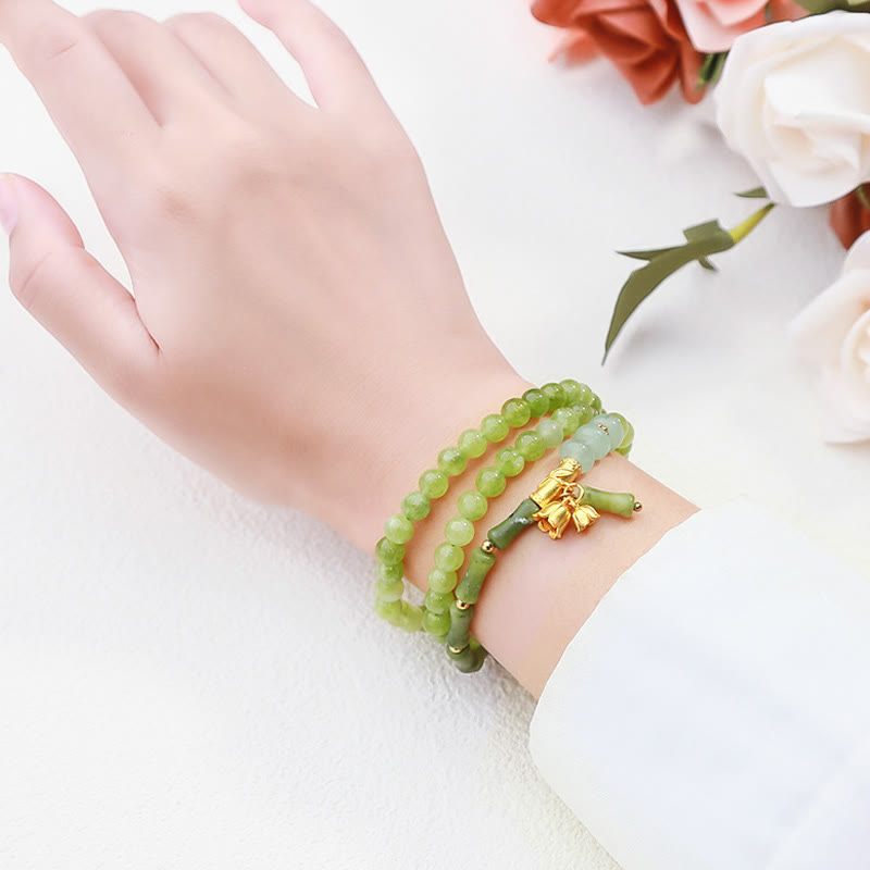 Retro Multilayer Lily of the Valley Bamboo Green Chalcedony Strength Bracelet