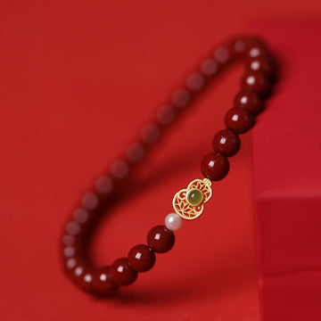 Cinnabar Jade Gold & Sterling Silver Wu Lou Gourd Pearl Beaded Bracelet