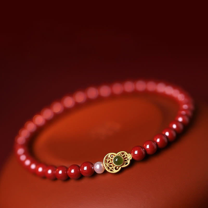 Cinnabar Jade Gold & Sterling Silver Wu Lou Gourd Pearl Beaded Bracelet