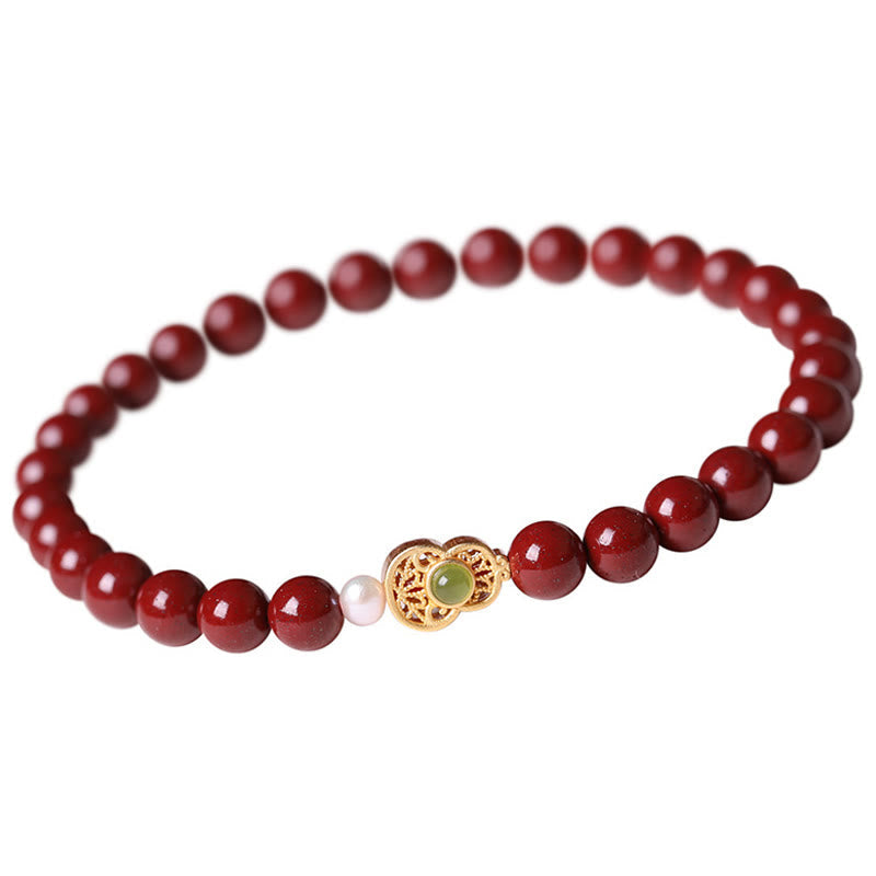 Cinnabar Jade Gold & Sterling Silver Wu Lou Gourd Pearl Beaded Bracelet