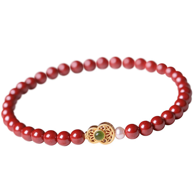 Cinnabar Jade Gold & Sterling Silver Wu Lou Gourd Pearl Beaded Bracelet