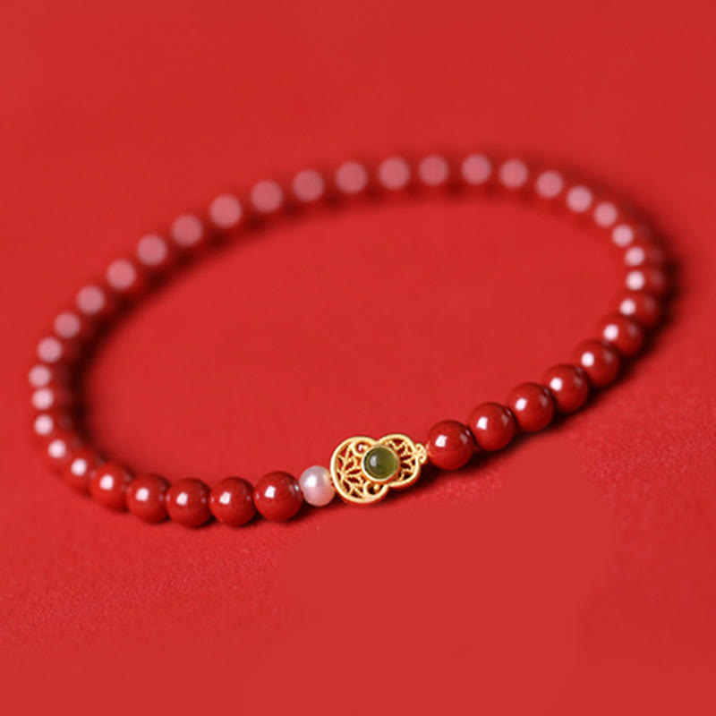 Cinnabar Jade Gold & Sterling Silver Wu Lou Gourd Pearl Beaded Bracelet