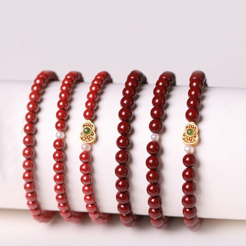 Cinnabar Jade Gold & Sterling Silver Wu Lou Gourd Pearl Beaded Bracelet
