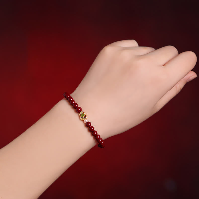 Cinnabar Jade Gold & Sterling Silver Wu Lou Gourd Pearl Beaded Bracelet