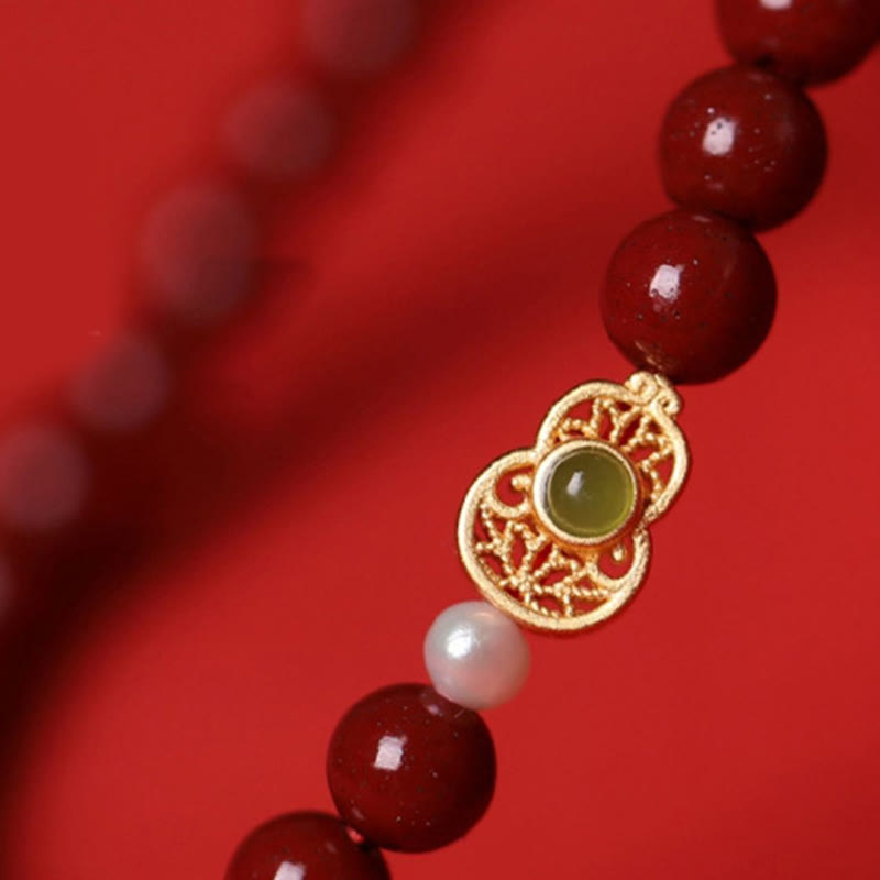 Cinnabar Jade Gold & Sterling Silver Wu Lou Gourd Pearl Beaded Bracelet