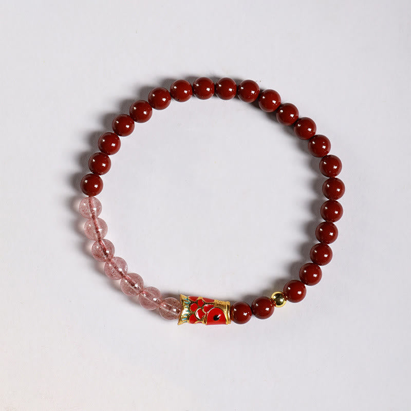 Natural Cinnabar Pink Crystal Strawberry Quartz Lucky Koi Fish Blessing Bracelet