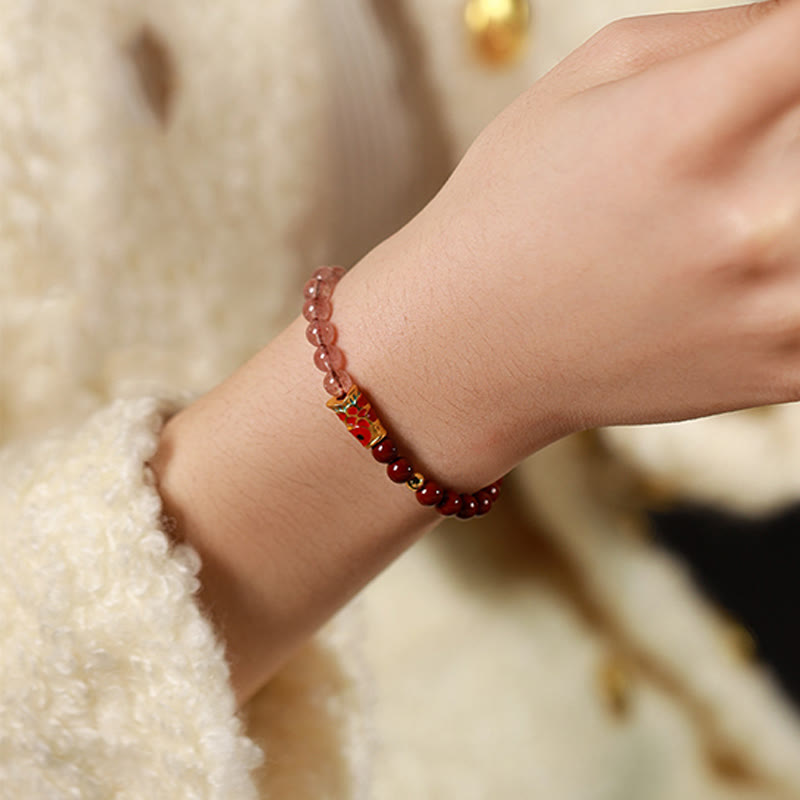 Natural Cinnabar Pink Crystal Strawberry Quartz Lucky Koi Fish Blessing Bracelet