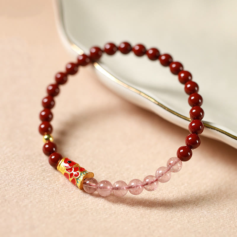 Natural Cinnabar Pink Crystal Strawberry Quartz Lucky Koi Fish Blessing Bracelet