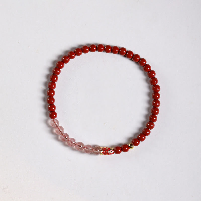 Natural Cinnabar Pink Crystal Strawberry Quartz Lucky Koi Fish Blessing Bracelet