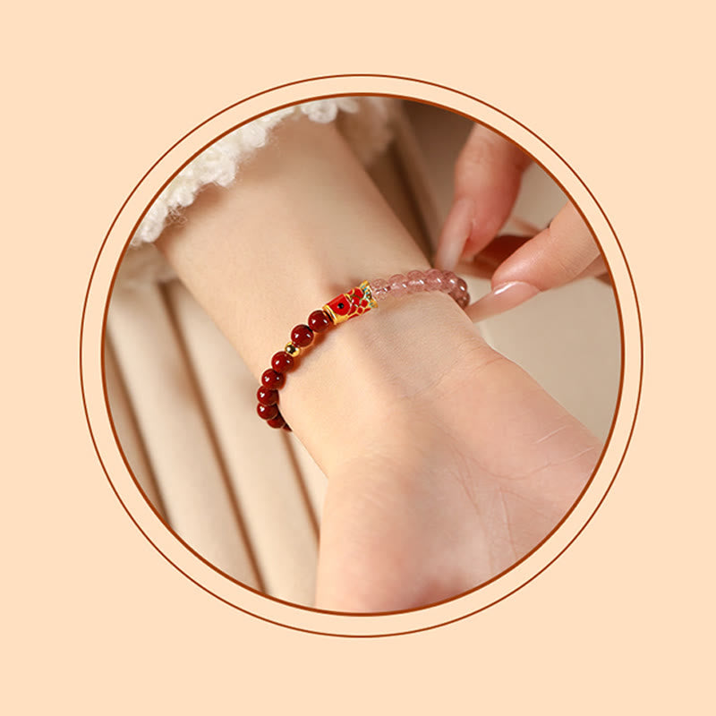 Natural Cinnabar Pink Crystal Strawberry Quartz Lucky Koi Fish Blessing Bracelet